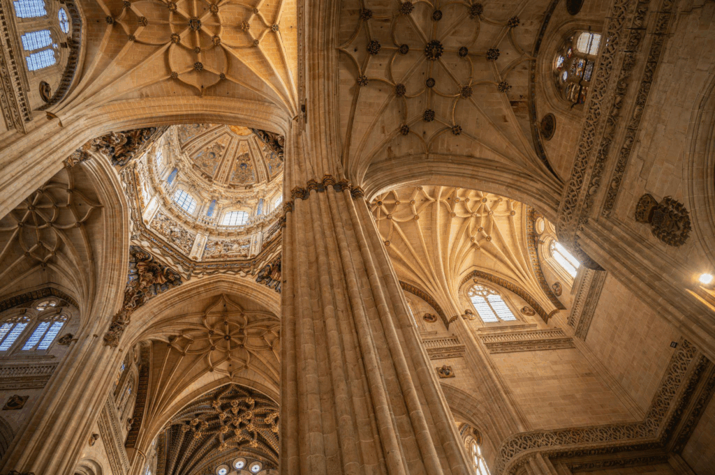 : A view looking up at vaulted cathedral ceilings supported by ornate stone columns.
