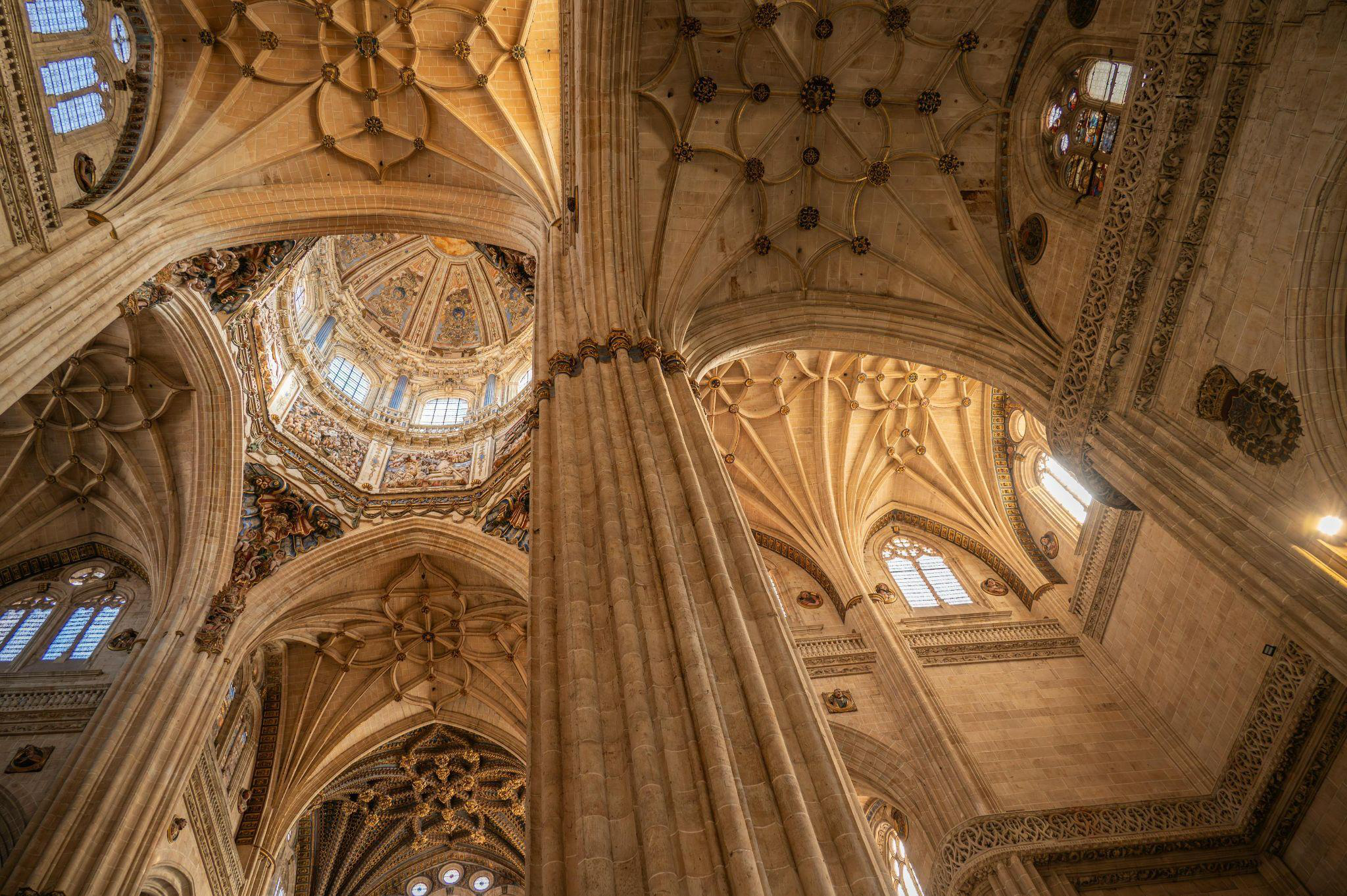 : A view looking up at vaulted cathedral ceilings supported by ornate stone columns.