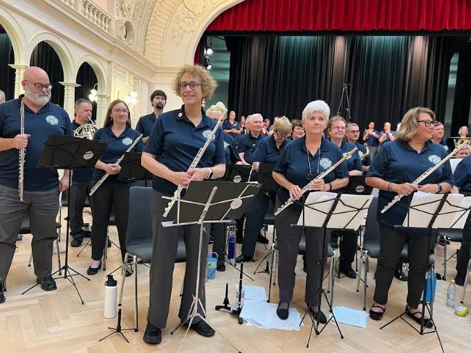 A large group of people in a music band.