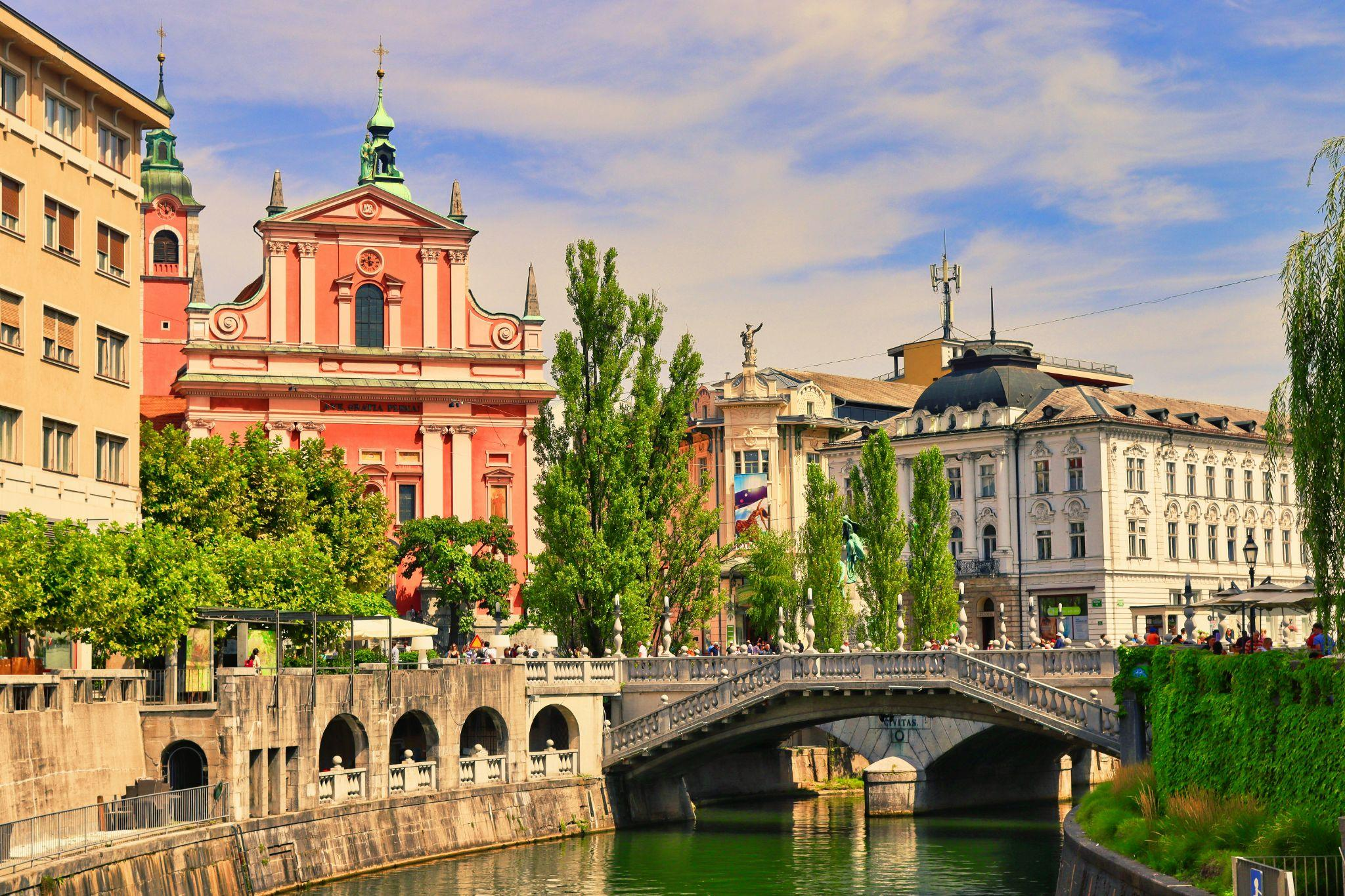 The Ljubljanica River in Ljubljana, Slovenia.