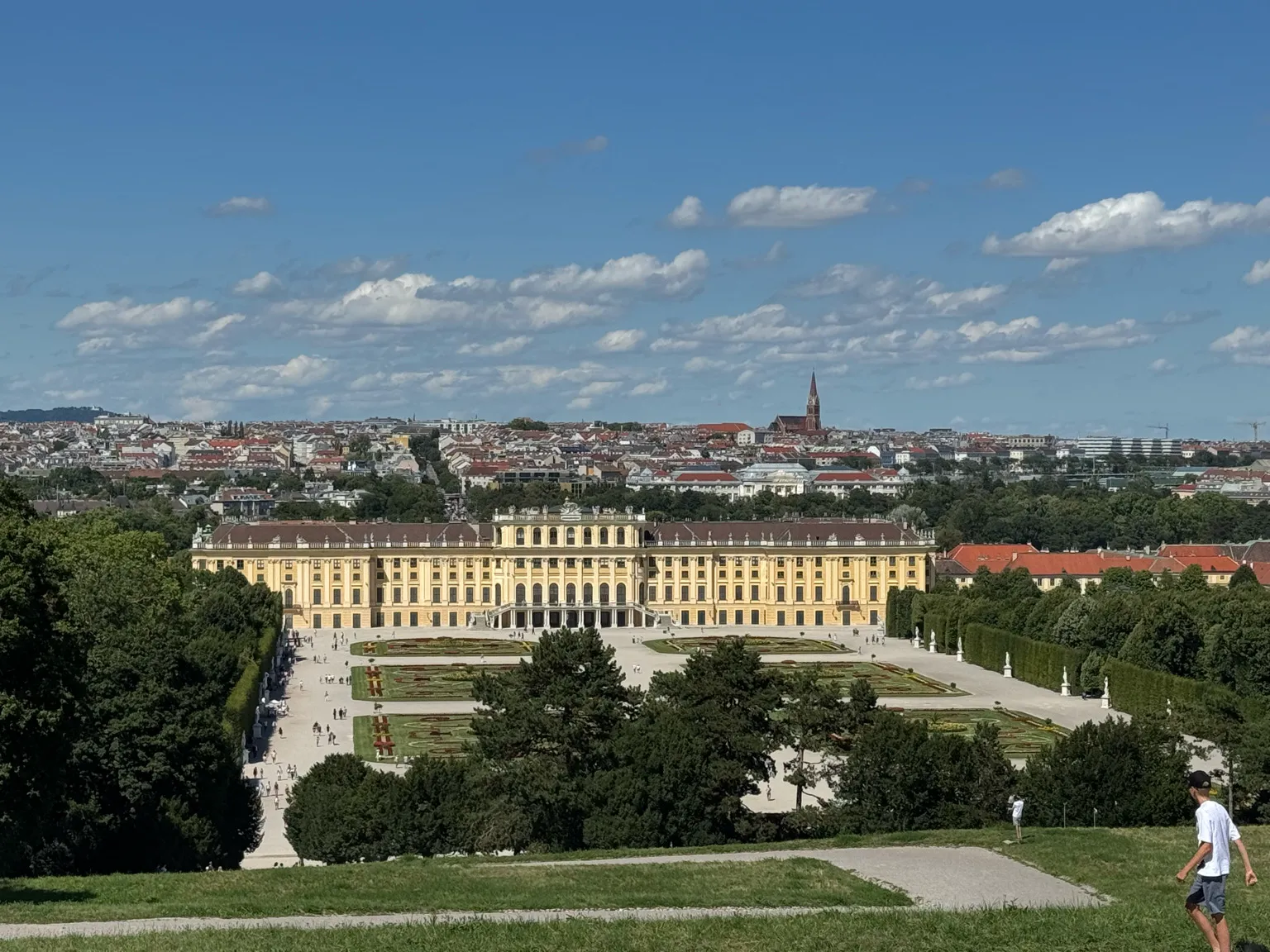 Schönbrunn Palace in Vienna, Austria, under clear blue skies.